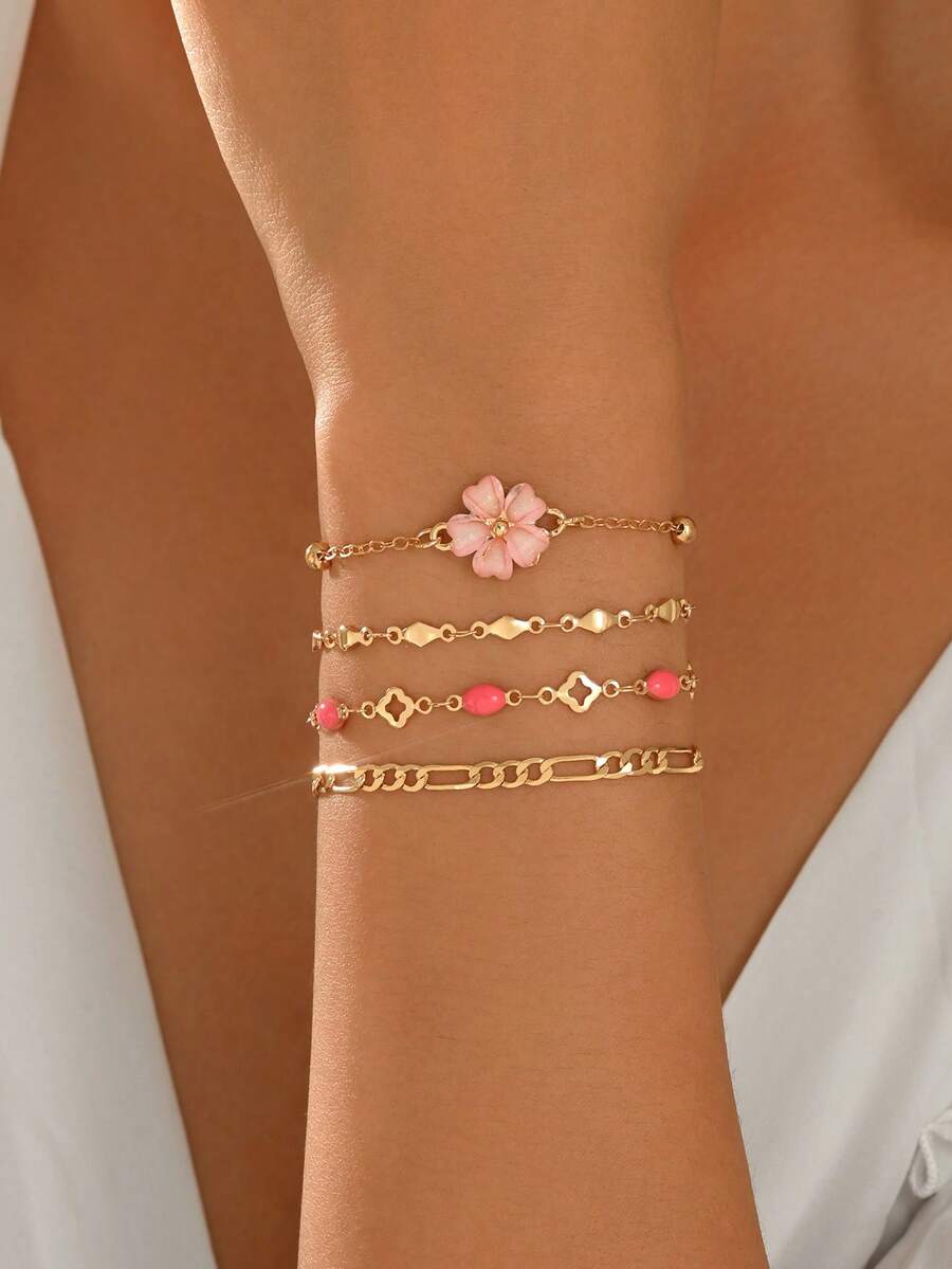 4pcs/Set Niche Gentle Style Pink Flower & Fuchsia Oil Drop Decor Layered Bracelets, Fashionable Versatile Women's Hand Jewelry, Suitable For Daily Wear, Date And Vacation, Handmade Chain Cut To Length - Multicolor - View 1