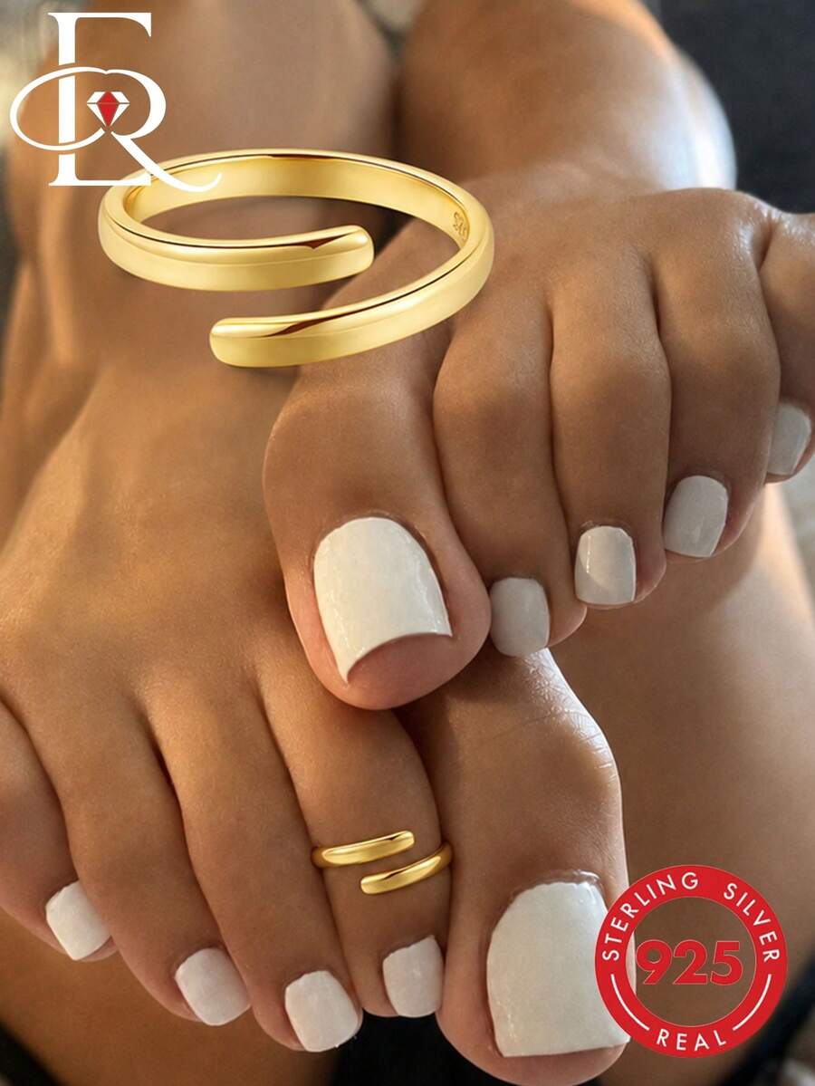 EleRunis 925 Sterling Silver Minimalist Chunky Basic Plain Toe Ring Adjustable Size Summer Beach Wear Open Design Versatile Foot Jewelry For Girls Beach Travel - Gold - View 1