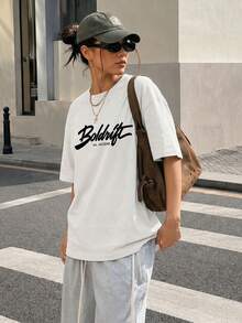 Women's White Y2K Script Letter Graphic Oversized T-Shirt, Drop Shoulder Crew Neck Short Sleeve Loose Fit Streetwear Campus Back To School Sports - White - View 5