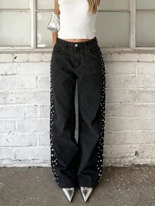 Women's Glamorous Side Beaded Straight Leg Denim Jeans - Black - View 5
