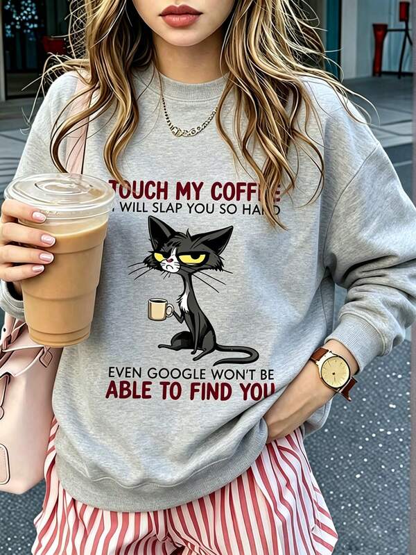 Sudadera de cuello redondo con estampado de eslogan divertido de Grumpy Cat, top tipo pulóver de dibujos animados humorístico para amantes del café, manga larga casual con vibra de meme ingenioso, top versátil y peculiar para combinar a diario