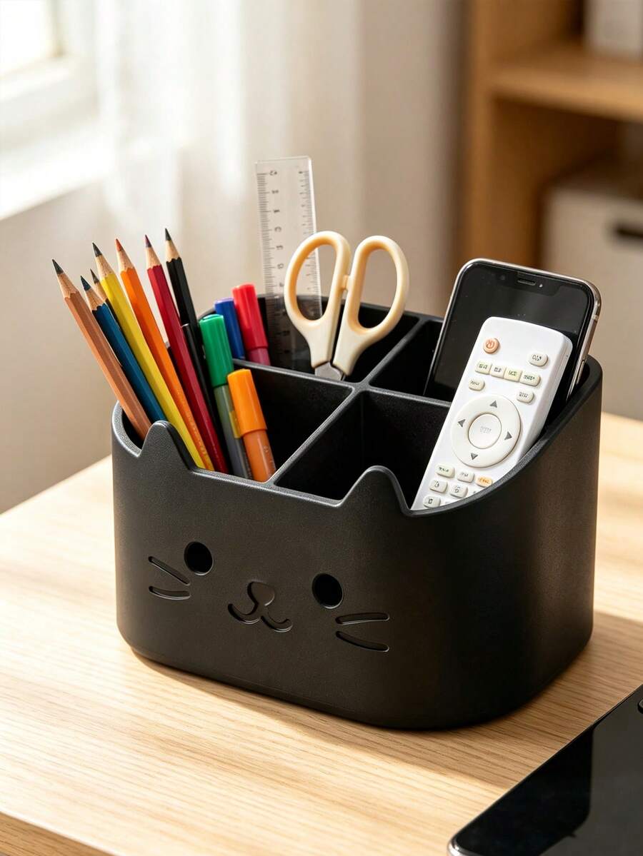 This Practical Desktop Organizer Combines Pen Holder And Multi-Functional Storage Box Functions, Featuring A Cute Cat Face Design With Multiple Compartments To Neatly Store Pens, Pencils, Markers And Various Office Supplies - One Size - View 1