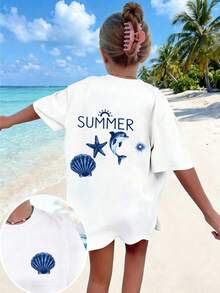 Tween Girl Casual Fun Graphic Print Crew Neck Short Sleeve T-Shirt Summer Top - White - View 1