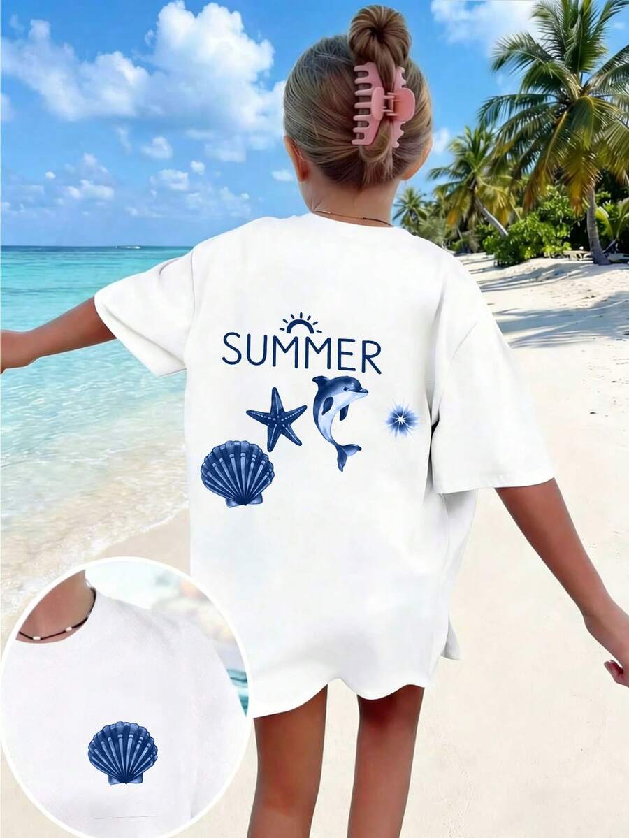 Tween Girl Casual Fun Graphic Print Crew Neck Short Sleeve T-Shirt Summer Top - White - View 1