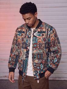 MAISONFOX Men's Street Style Vintage Colorful Print Long Sleeve Short Stand Collar Jacket, Button Jacket, Baseball Jacket, Men's Jacket, Motorcycle Jacket - Black - View 3