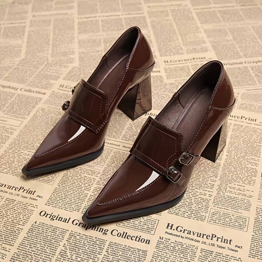 Glossy Patent Leather Pointed Toe Chunky Mid-Heel Loafers Women's Non-Slip Easy To Clean Office Daily Shoes 2 Colors - Burgundy - View 1