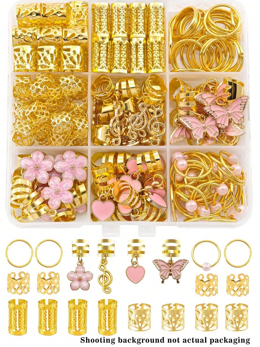 125件花卉幻想髮環，含白色愛心、珍珠、雛菊、粉色蝴蝶與山茶花，多形狀可調節編髮髮飾