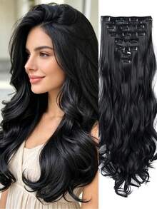18-30 Inch Long Wavy Clip-In Hair Extensions, 7pcs/Set, Thickened Hair Pieces, Invisible Clip Design, Soft Synthetic Fiber, Black, For Women - Black - View 3