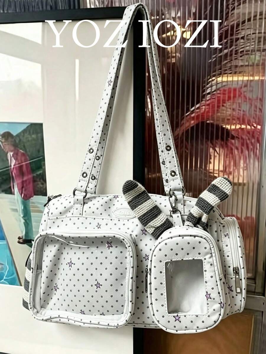 日韓風 Ins 軟萌可愛透明痛包 甜美女孩手提包 女款休閒輕便通勤大容量徽章痛包 - 白色 - 查看 1