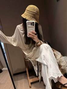 Atasan Wanita Musim Semi Desain Longgar Siluet Berlipat Lengan Panjang Pelindung Matahari, Kaos Leher Bulat Baru dengan Tali Serut untuk Liburan - Aprikot - View 5