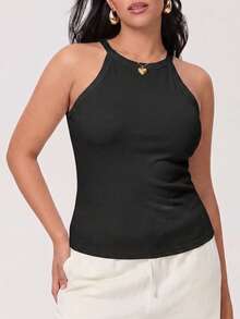 Plus Size Rib-Knit Halter Neck Tank Top With Built-In Bra, Sexy Seamless Wireless Cami, Sleeveless Summer Crop Top - Black - View 4