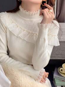 Women's New Autumn/Winter Apricot Casual Semi-High Neck Long Sleeve Ruffle Knit Base Layer Top With Beaded Design, Long Sleeve Sweater Fall - Apricot - View 2