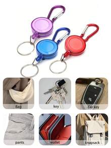3-In-1 Retractable Badge Reel Keychain With Carabiner And Pen, Retractable Clip, Suitable For ID Cards, Small Tools, Fishing Gear, Portable Belt Accessory - Multicolor - View 8