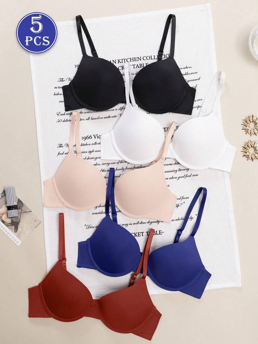 MLeyhoice 5pcs Women's Minimalist Solid Color Underwire Bras, Basic Solid Color T-Shirt Bras (Suggest Choosing One Size Smaller)
