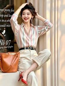 Fashionable Women's Long Sleeve Striped Shirt, Casual Polyester Button-Up Shirt, Shirt Collar, Suitable For Autumn Wear. - Baby Pink - View 5