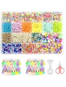 24 Grids Mixed Acrylic Beads Jewelry Making Kit, Letter Beads Pearl Star Flat Round Spacer Beads With Elastic String Scissors, DIY Bracelet Necklace Handcraft Accessories Supplies Storage Box Set - Multicolor - View 1