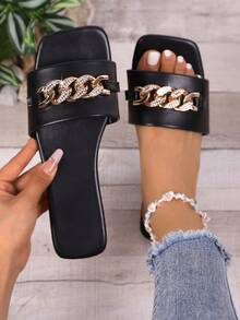 Women's Casual Slip-On Square Toe Chain Buckle Rhinestone Slip-On Sandals, Shiny Holiday Slides - Black - View 11