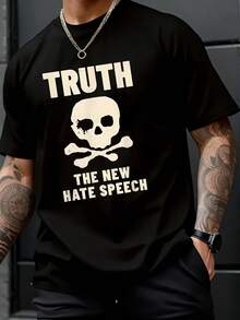 Herren-T-Shirt - Einfaches Design mit Buchstaben und Totenkopf, lässiges T-Shirt mit Rundhalsausschnitt, geeignet für alle Jahreszeiten und angenehm zu tragen. Herren-Freizeitoberteil, maschinenwaschbar, einzig - Schwarz - Übersicht 1