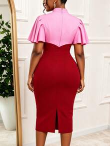 AOMEI Elegant Charming Women's Pink And Red Color Block Flutter Sleeve Fitted Bodycon Dress For Birthday Party And Formal Evening Event Wedding - Pink - View 4