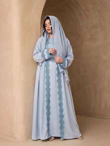 時尚百搭純色女款 4 件套優雅無袖長袍 + Abaya 開襟長袍 + 圍巾 + 蕾絲腰帶套裝，親膚柔軟防曬穆斯林服飾披肩 - 淺藍色 - 查看 3