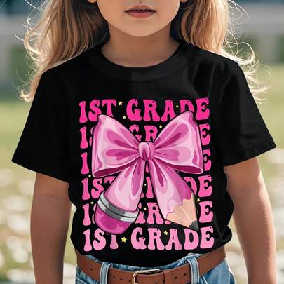 Kids Girls 1St Grade Pink Bow Pencil Graphic Tee Black Shor…