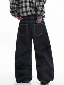 Justice Brother 1pc Hong Kong Style Graphic Print Men's Loose Wide Leg Denim Jeans, All Season Versatile Long Pants (Belt/Accessories Not Included) - Black - View 8