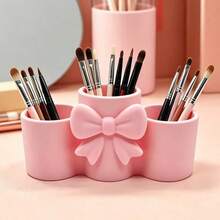 1pc Girl Style Bowknot 3-Compartment Makeup Brush Storage Box, Cream Color Desktop Cosmetic Organizer, Pen Holder, Portable Design, High Aesthetic, Unique Birthday Gift Idea For Girlfriend - Multicolor - View 3