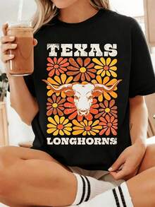 Texas Longhorns College Floral T-Shirt,UT Longhorn  Tee,College Game Day Shirt,Austin Texas College Chirt,Hook Em Horns Gift Comfortable,Loose-Fitting - 黑色 - 查看 10