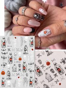 3pcs Halloween Day Of The Dead Self-Adhesive Pumpkin Lantern Ghost Skeleton Witch Spider Web Pattern Nail Art Decoration Metal Silver Dark Horror Party Autumn Winter Holiday DIY Nail Artist Supplies Nail Stickers - Multicolor - View 8
