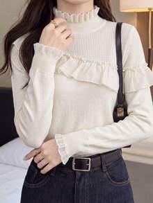 Women's New Autumn/Winter Apricot Casual Semi-High Neck Long Sleeve Ruffle Knit Base Layer Top With Beaded Design, Long Sleeve Sweater Fall - Apricot - View 1