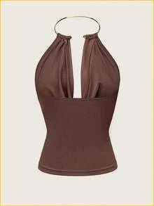 Raffinéa Top de mujer de verano nuevo para fiesta sexy con gargantilla de metal, cuello drapeado, color marrón, tela drapeada con fruncido dela - Marrón - Ver 3