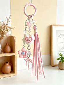 1pc Pink Cherry Heart Bag Charm, Flower Tassel Bag Pendant For Girls - Multicolor - View 4