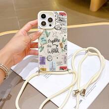 Convenient Lanyard Phone Case With Multi-Functional Adjustable Lanyard And Crossbody Shoulder Strap, Leather Texture Beige New Minimalist Airplane Travel Line, Easy And Convenient TPU Anti-Drop Protective Case For Apple Phone - Antique White - View 2