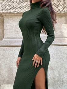 GLAMSKIN Women Fall Winter Turtleneck Ribbed Knit Midi Dress,Homecoming Cocktail Party Daily Elegant - Green - View 2