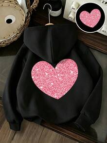 Tween Girl Heart Pattern Casual Daily Wear Sweatshirt - Black - View 1
