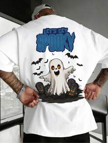 Cute Halloween Ghost Short Sleeve! Graveyard Bat Cartoon Print White Boys Casual Versatile T-Shirt - White - View 1