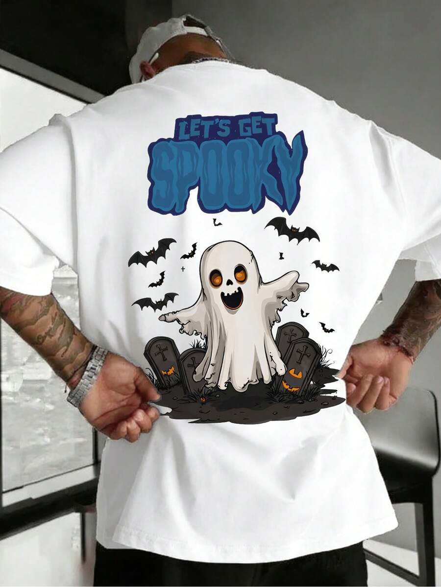 Cute Halloween Ghost Short Sleeve! Graveyard Bat Cartoon Print White Boys Casual Versatile T-Shirt - White - View 1