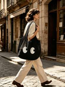 LFIRSTL Summer Beach Vacation Large Capacity Hollow Design Lightweight Portable Solid Color Knitted Tote Bag, Suitable For Beach Vacation Daily Commute Women's Shoulder Bag - Black - View 4