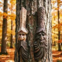 Whimsical Tree Face Garden Decor Outdoor – Spooky Halloween Decorations & Autumn Decor, Resin Wood-Look Wall Hanging Sculpture For Fence, Yard, Patio & Porch - Long-faced Tree Monster - View 3
