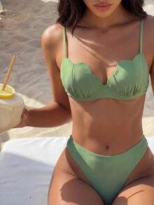Bikinx 女款純色貝殼造型罩杯細肩帶比基尼套裝，後綁帶泳衣，適合海灘度假夏季 - 橄欖綠 - 查看 2