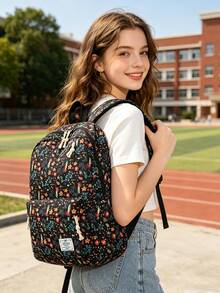 3 PiecesCasual College Style Floral Pattern Backpack Set, Includes Backpack, Lunch Bag And Pencil Case, With Laptop Compartment, Adjustable Shoulder Straps, Multi-Pocket Large Capacity, Multi-Function School Bag Set, Suitable For Girls/Teens/College Students/Graduates Daily Use/Vacation/Travel/Back To School. - 2347 - View 6