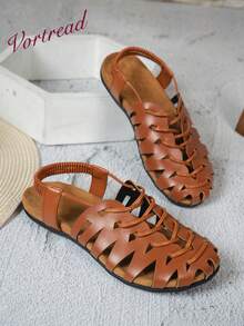 Vortread New Women's Hollow Closed Toe Flat Sandals With Elastic Back Strap, Anti-Slip Design, Casual Vacation Commute Versatile Summer Shoes - Brown - View 9