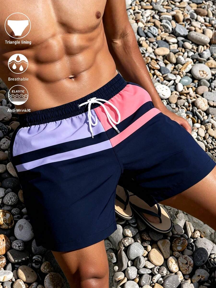 Men's Color-Block Swim Trunks (Red, White, And Navy Stripes; With Built-In Brief Liner)