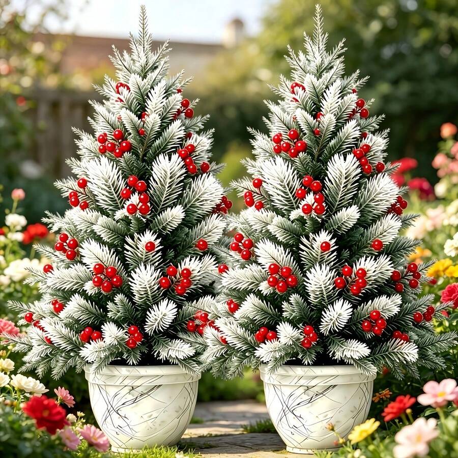 Artificial Realistic Cedar With Red Berries, Spring/Summer Indoor/Outdoor Decoration, Suitable For Easter, Independence Day, Halloween, Christmas, Multi-Holiday, Multi-Scenario, High Foliage Realism, Plump And Bright Berries - Multicolor - View 1