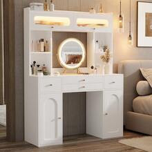 20 X 40 X 160 Cm Dressing Table / With Mirror And LED Lighting / Dressing Table Made Of MDF Panels / 4 Drawers / Open Shelf / For The Bedroom / White - White - View 6