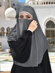 1 Buah Masker Wajah Muslim Wanita Warna Polos dengan Hiasan Berlian Imitasi, Jilbab Muslim Multifungsi dan Serbaguna untuk Berbagai Acara, Pelindung Matahari, Bernapas, Nyaman, dan Lembut - Masker wajah/jilbab bertali gaya Malaysia berhiaskan rhinestones - View 17