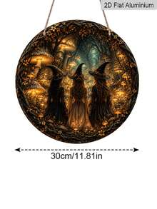 1pc Halloween Forest Witch Aluminum Hanging Decoration, 2D Flat Gothic Style Halloween Decoration, Halloween Gift, Gift For Witch Lovers, Home, Room, Entryway, Party, Cafe Decoration - Round - View 13