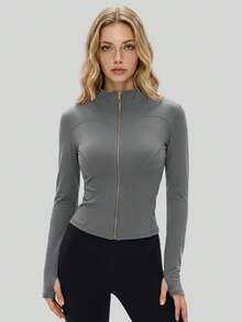 NcmRyu Women's 1pc Metal Zipper Small Stand Collar Thumb Hole Long Sleeve Slim Fit Sports Jacket - Grey - View 6