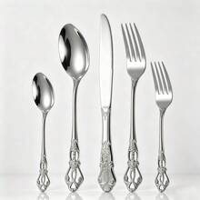 European Vintage Embossed Hollow Handle Stainless Steel Cutlery Set | Gold/Silver Mirror Polished, Non-Slip And Dishwasher , Multi-Piece Set, Suitable For Western Dining And Party Decoration - Silver - View 6