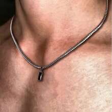 A Durable, Versatile Men's Adjustable Stainless Steel Cuban Necklace Featuring A Geometric Black Synthetic Zirconia Pendant, In A Stylish Hip-Hop Style - Multicolor - View 3